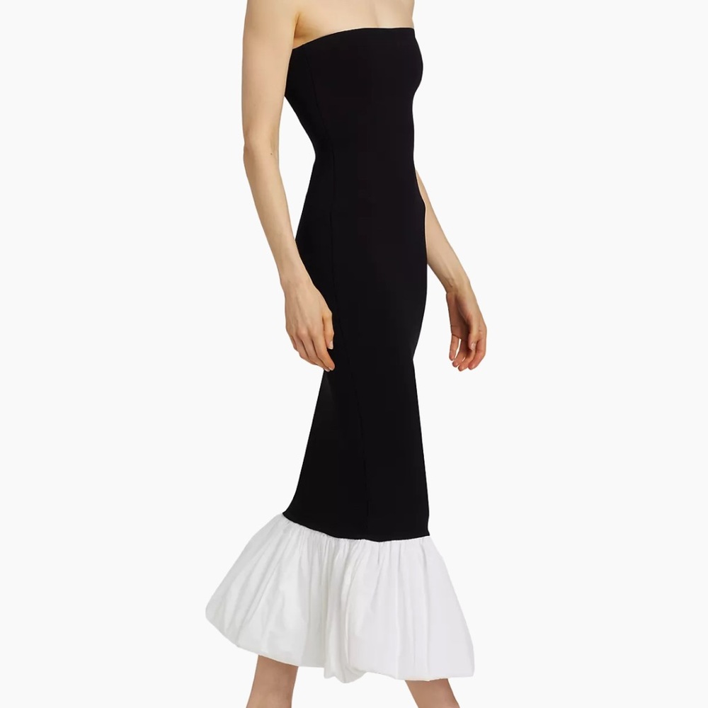 Ronny Kobo Black and White Ruffled High-Low Strapless Cocktail Dress
